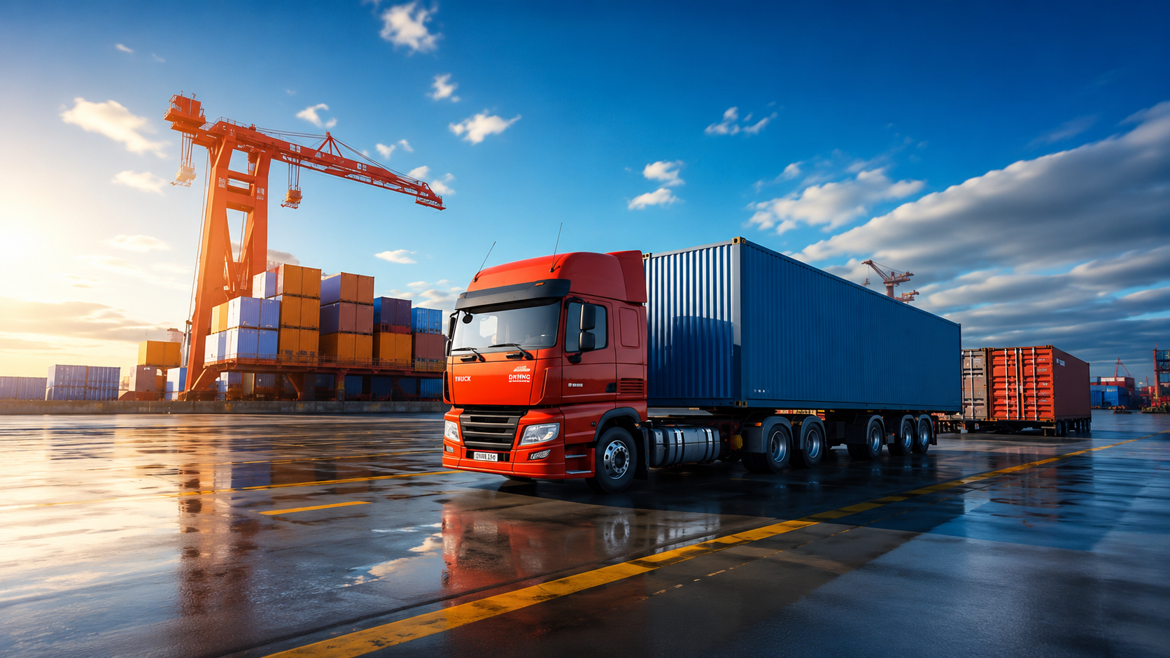 Red semi-truck at shipping port during golden hour